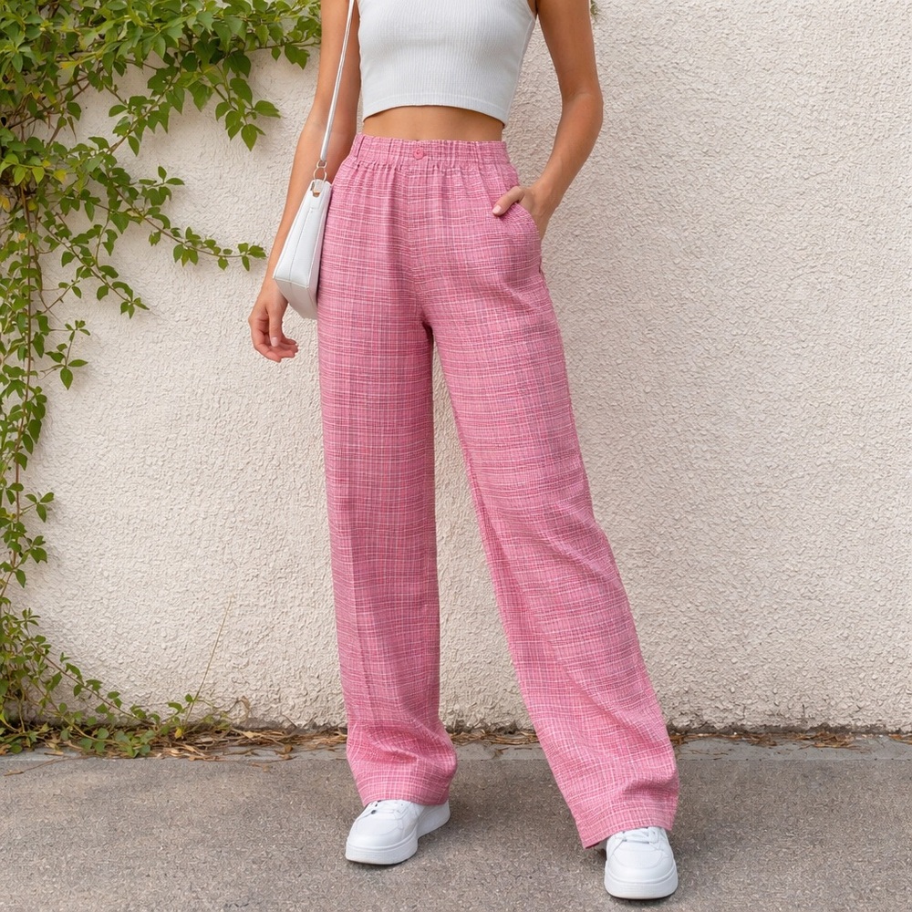 Brandy Melville John Galt Pink Plaid Pants Wide Leg High Rise Trousers Y2K Fall